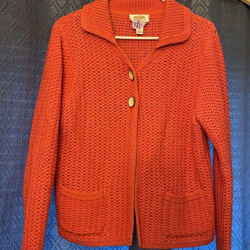 Coral-Crocheted Knit Sweater/Jacket 
Good Condition- Hand Wash
2 Front Pockets